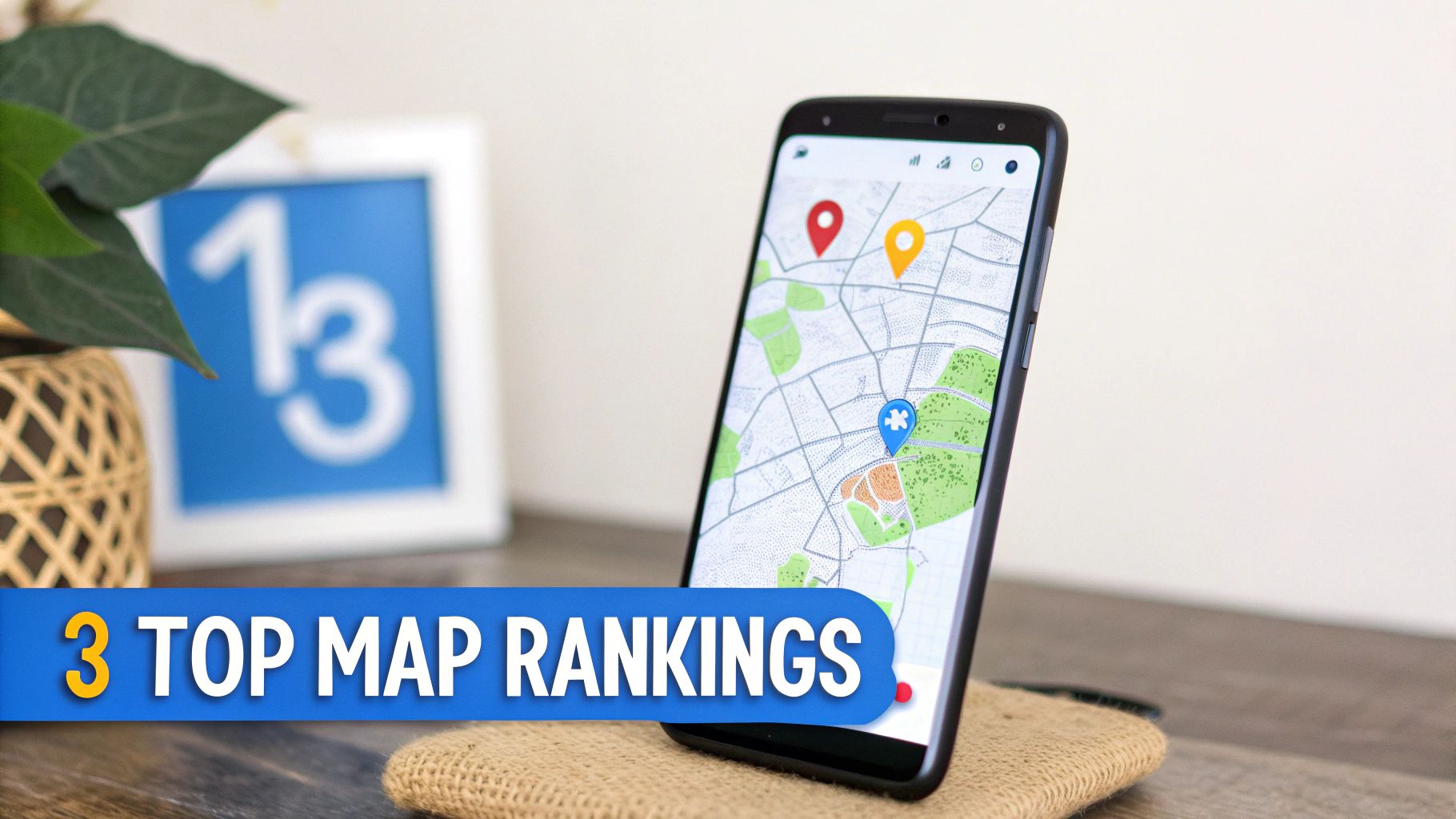 A smartphone displays a map with three location pins, highlighting '3 Top Map Rankings' for SEO.