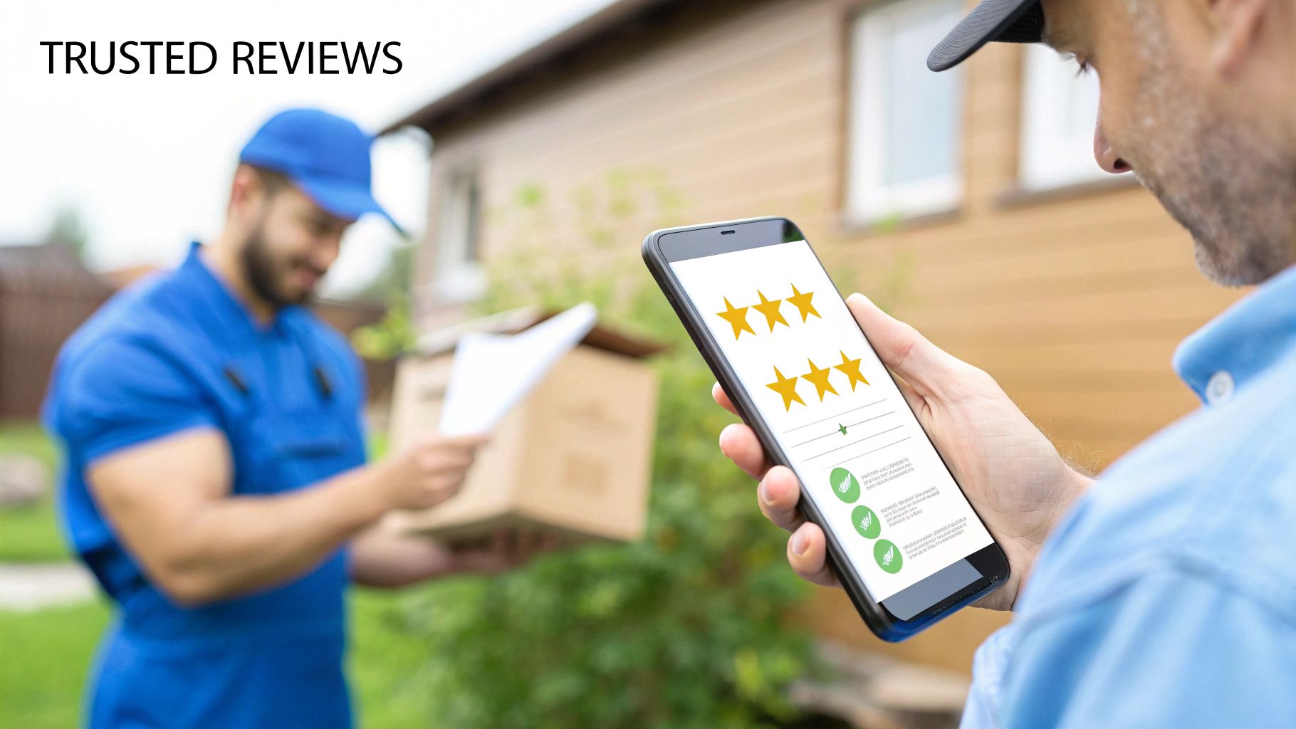 Customer reviews delivery service on a smartphone, showing 5-star ratings for trusted reviews.