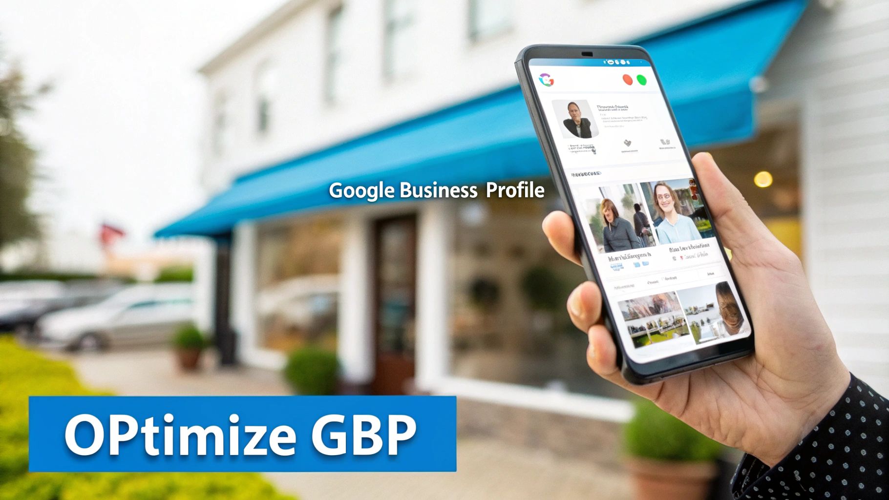 A hand holding a smartphone displaying the Google Business Profile app, with text 'Optimize GBP' over a storefront background.