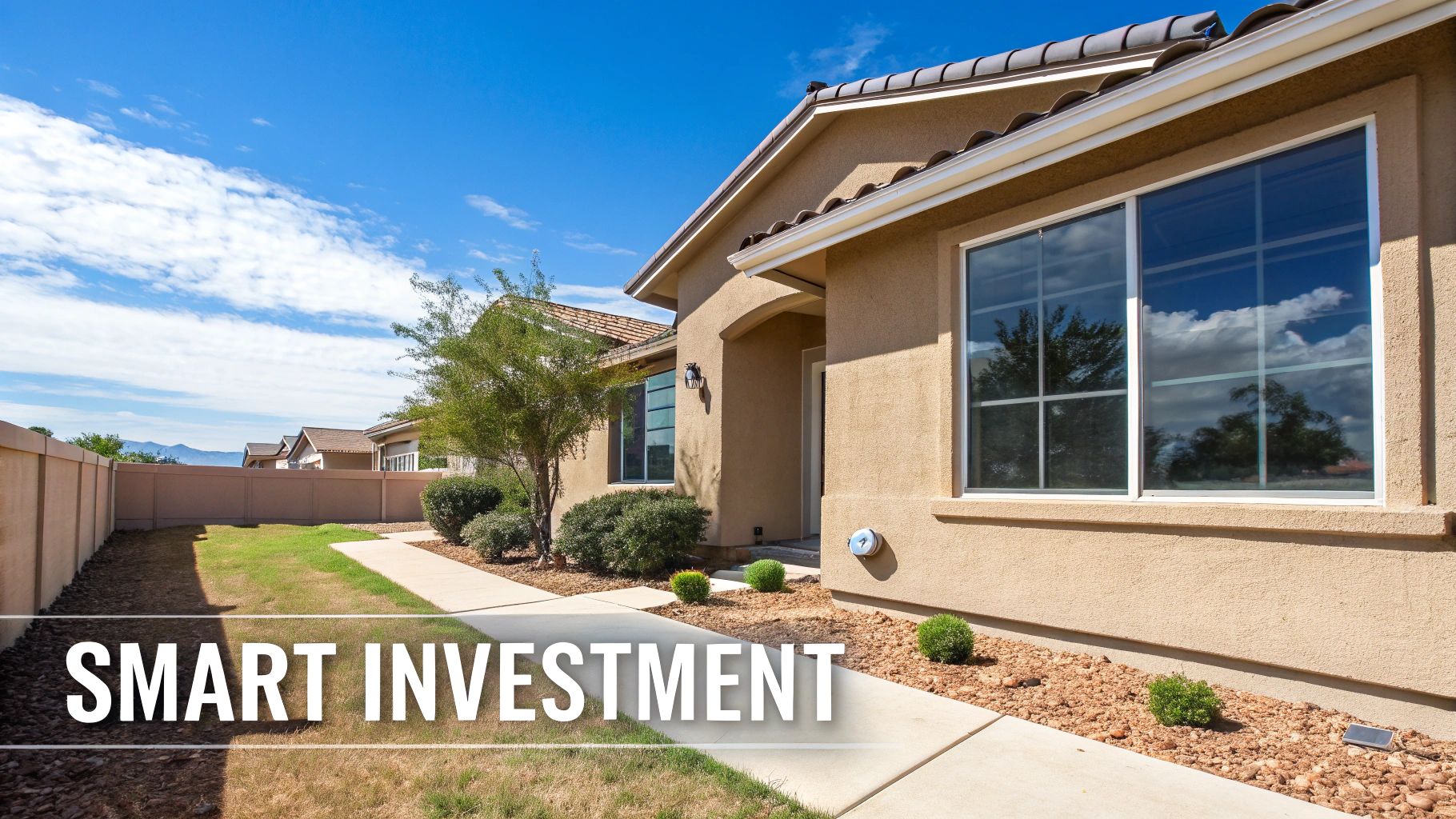 A light brown stucco house with clean windows reflecting a bright blue sky and white clouds.
