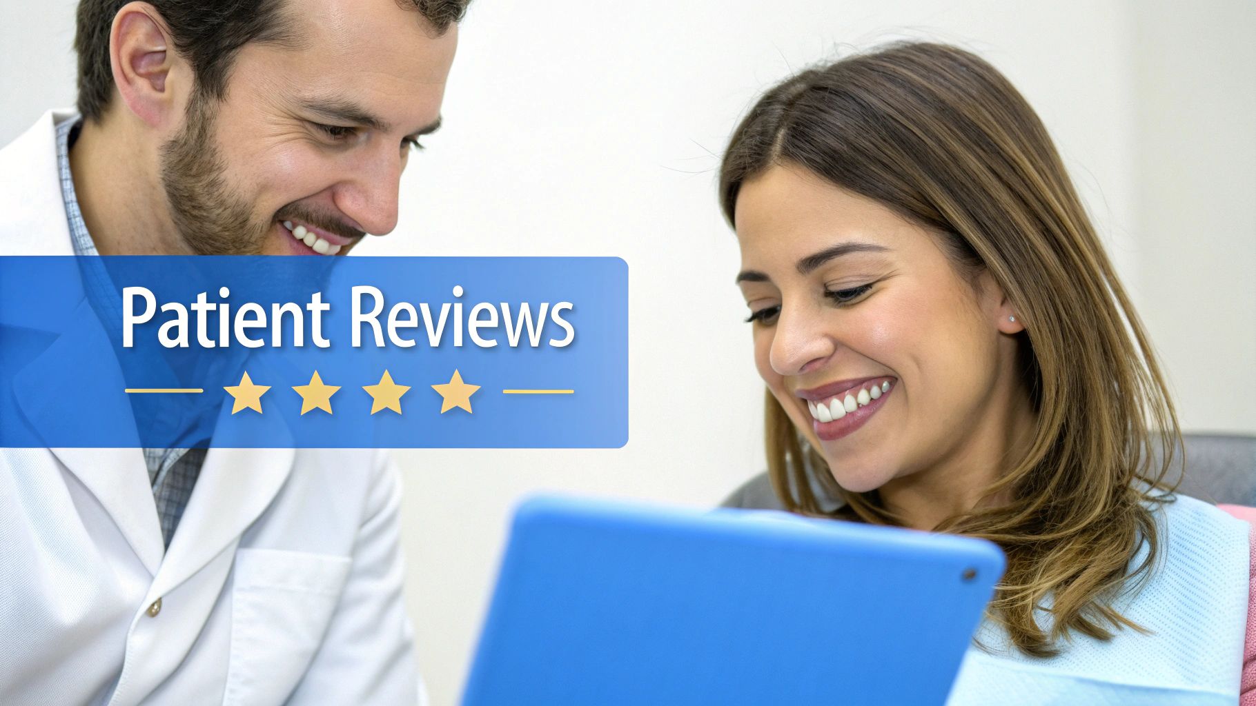 Smiling dentist and patient reviewing information on a tablet, with a 'Patient Reviews' banner and 4-star rating.