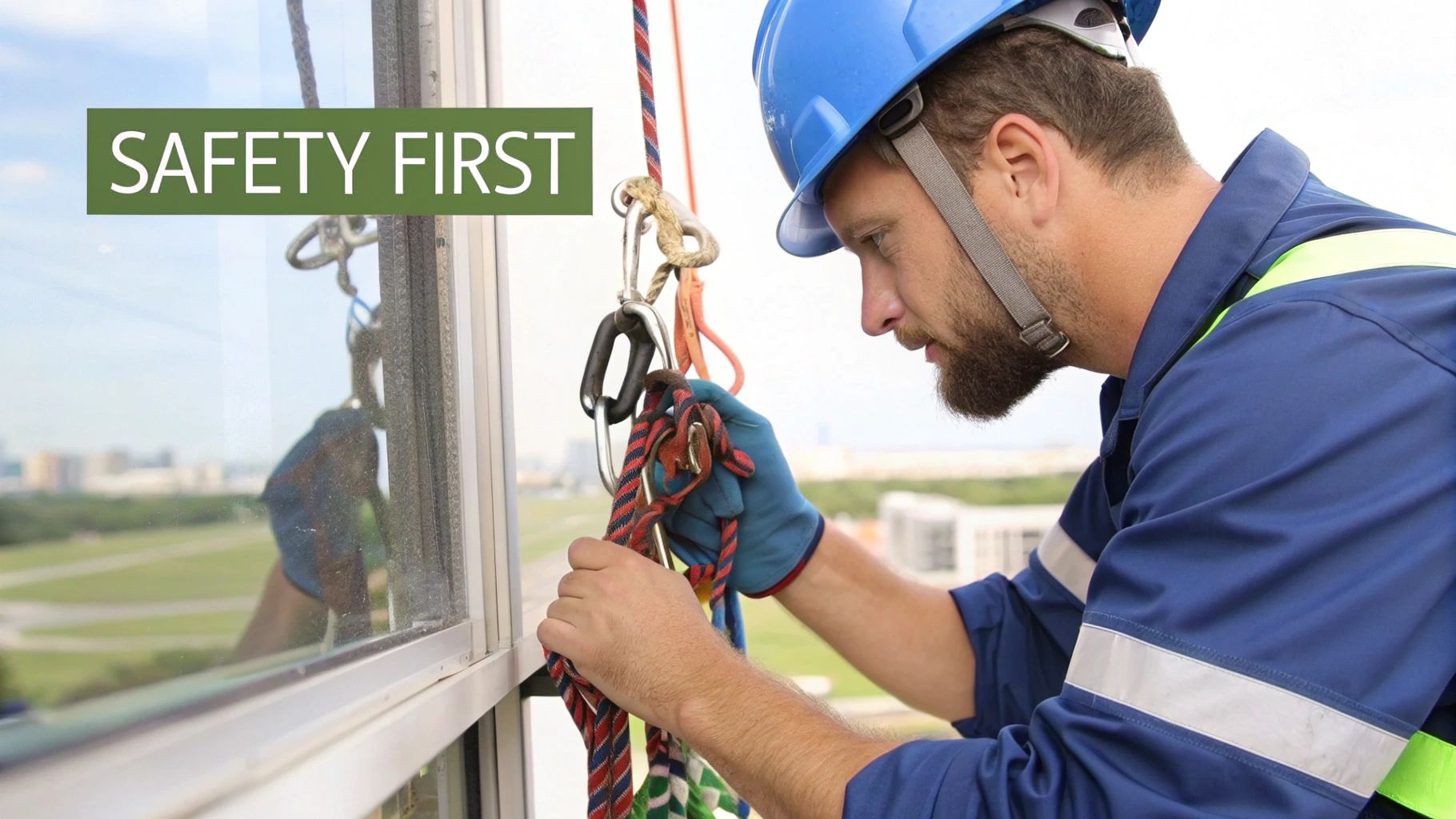 A bearded window cleaner in blue workwear and hard hat adjusts rope access safety gear.
