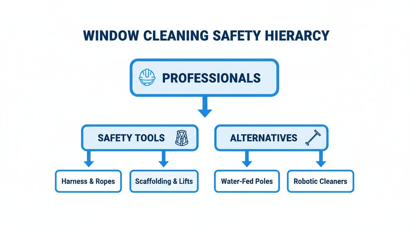 Diagram illustrating the window cleaning safety hierarchy with professional tools and alternative methods.