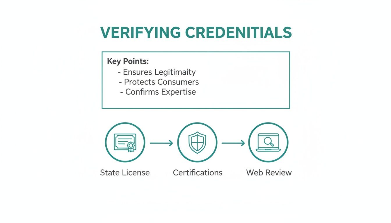 Diagram showing the process of verifying credentials through state licenses, certifications, and web reviews.