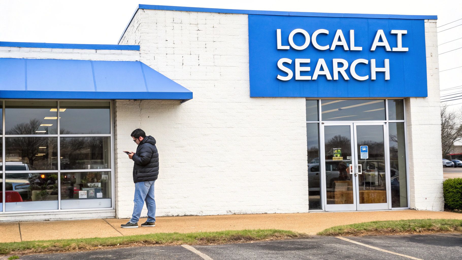 A man in a black jacket looks at his phone outside a building with a 'LOCAL AI SEARCH' sign.