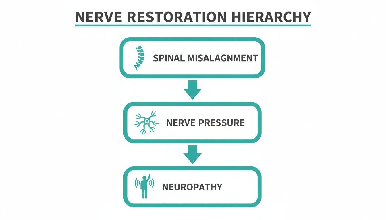 Flowchart demonstrating the nerve restoration hierarchy, from spinal misalignment to nerve pressure and neuropathy.