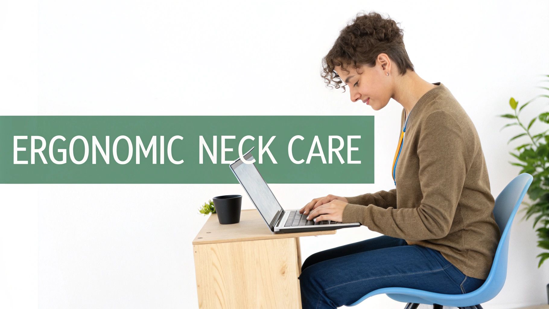 A person sits hunched over a laptop, working at a desk, with an 'ERGONOMIC NECK CARE' banner.
