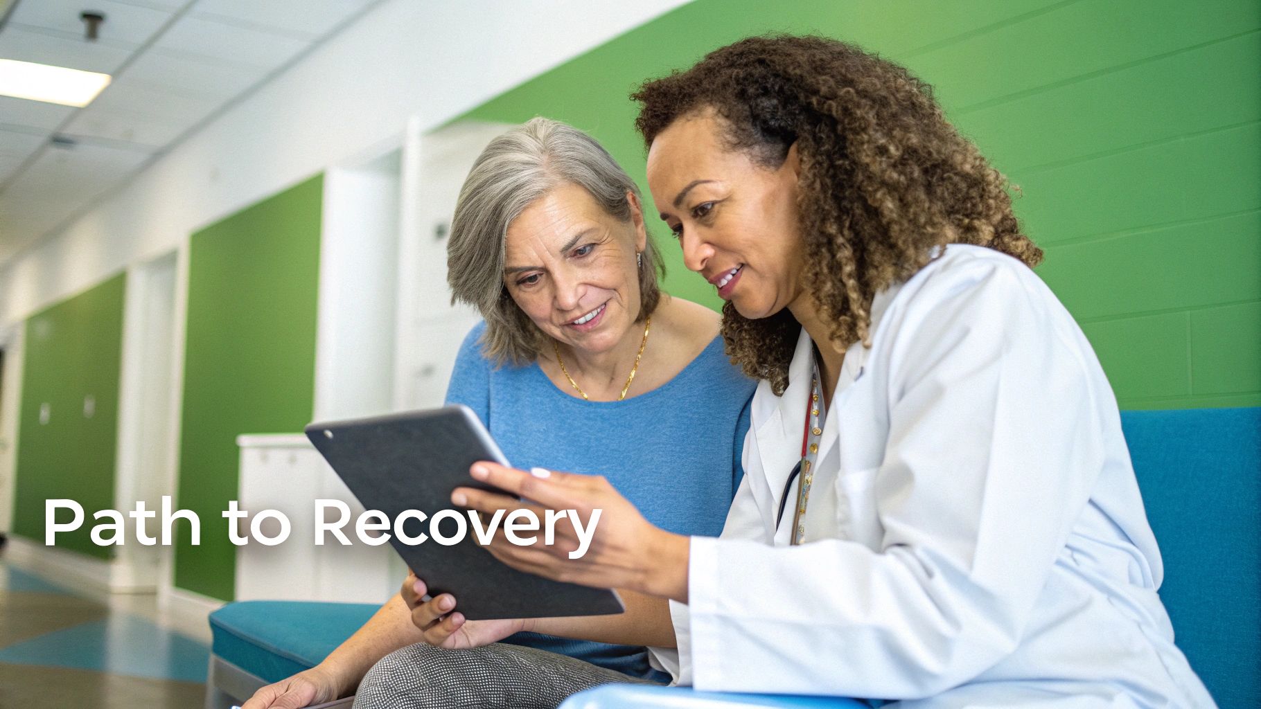 A doctor and an older patient smiling while discussing information on a digital tablet in a clinic.