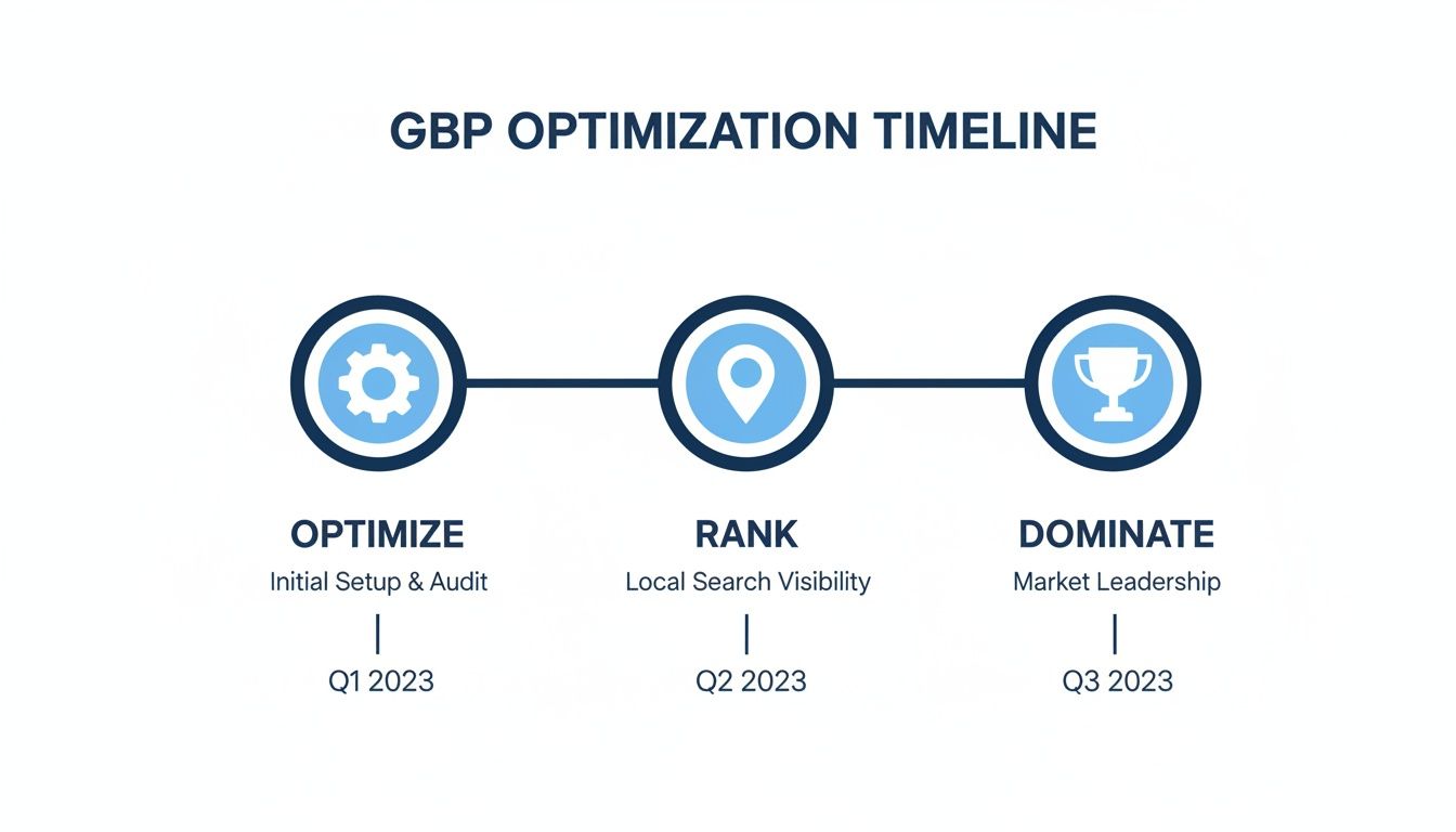 GBP Optimization Timeline diagram showing three stages: Optimize (Q1 2023), Rank (Q2 2023), and Dominate (Q3 2023).