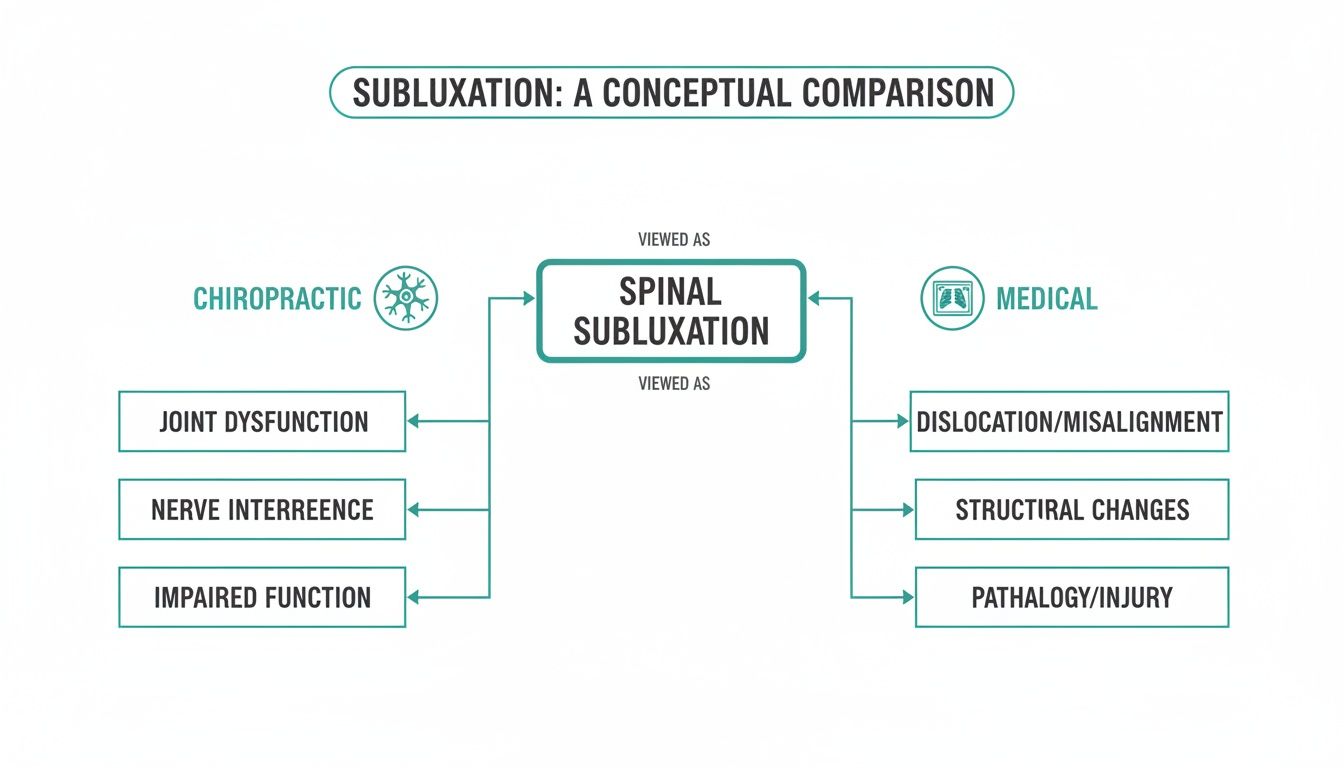 Conceptual diagram comparing spinal subluxation from chiropractic (dysfunction, nerve interference) and medical (dislocation, pathology) perspectives.