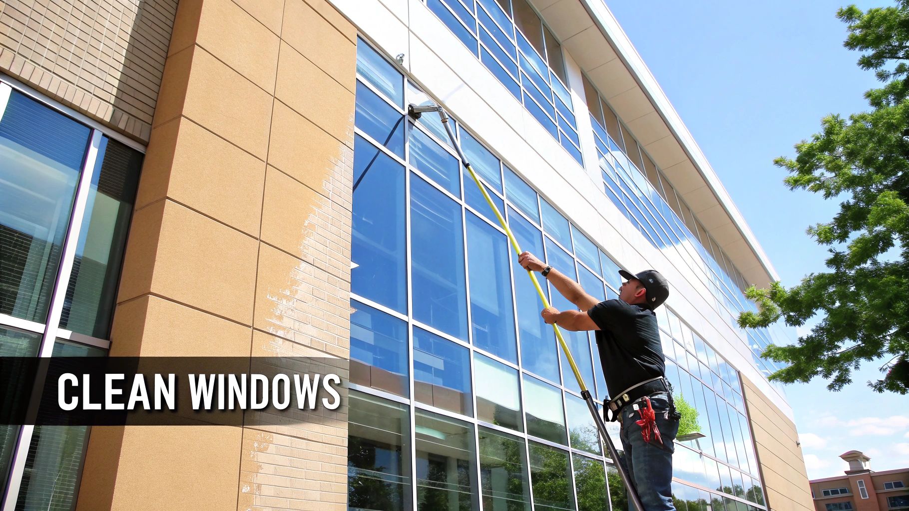 A man in a black shirt cleans large glass windows of a modern commercial building with a long pole.