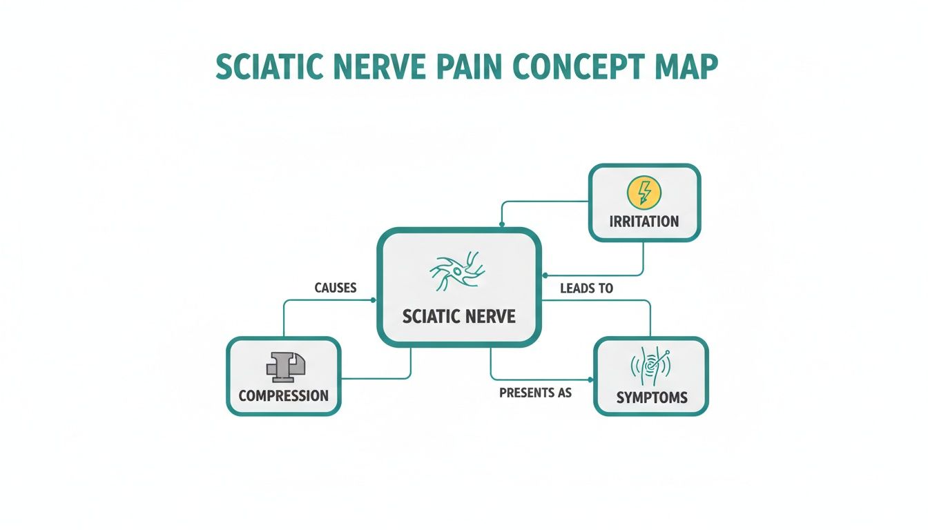 A clear concept map visualizing the causes, irritation, and symptoms of sciatica.