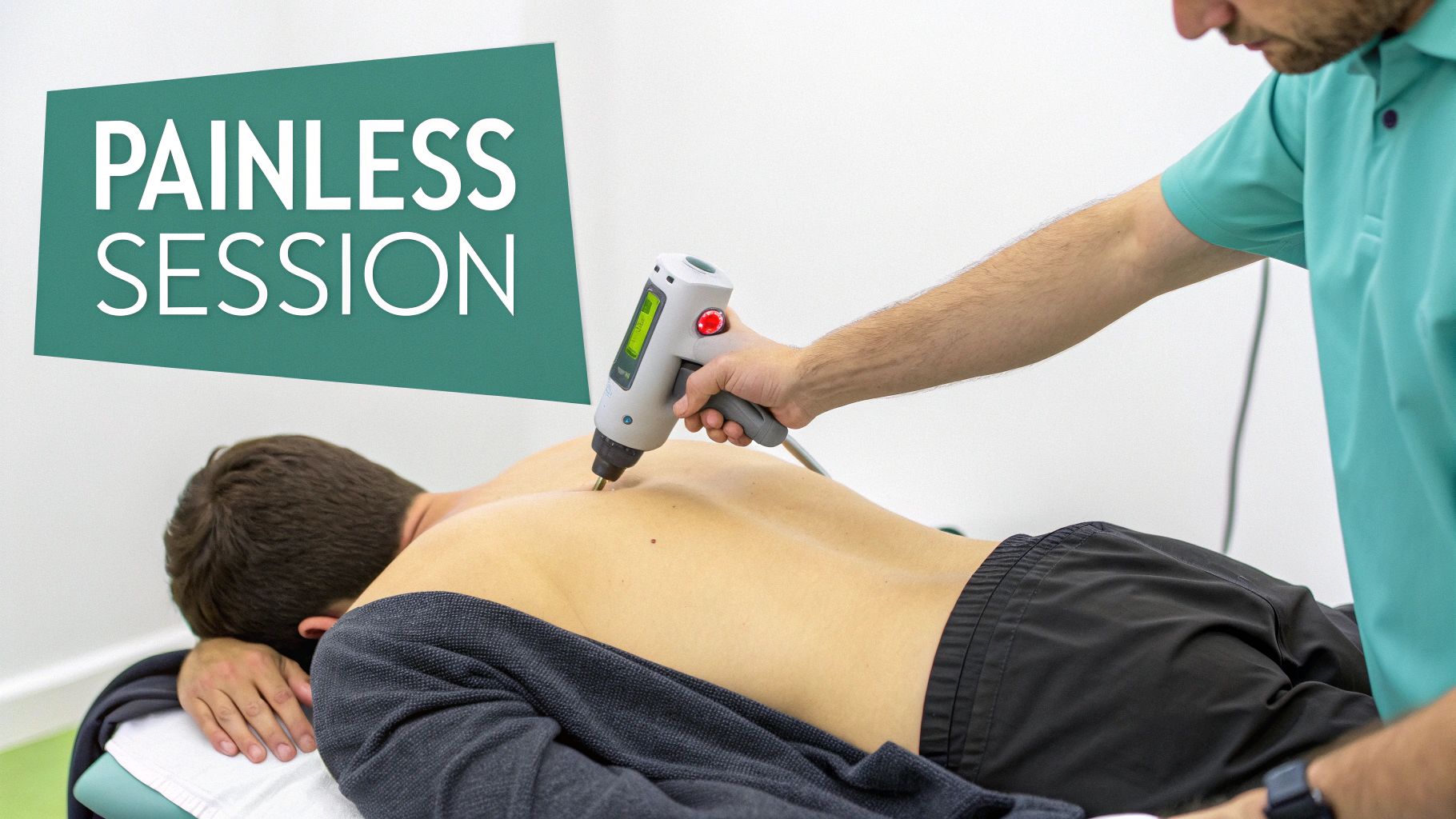 A person receives painless cold laser therapy on their back from a professional, as indicated by the text.