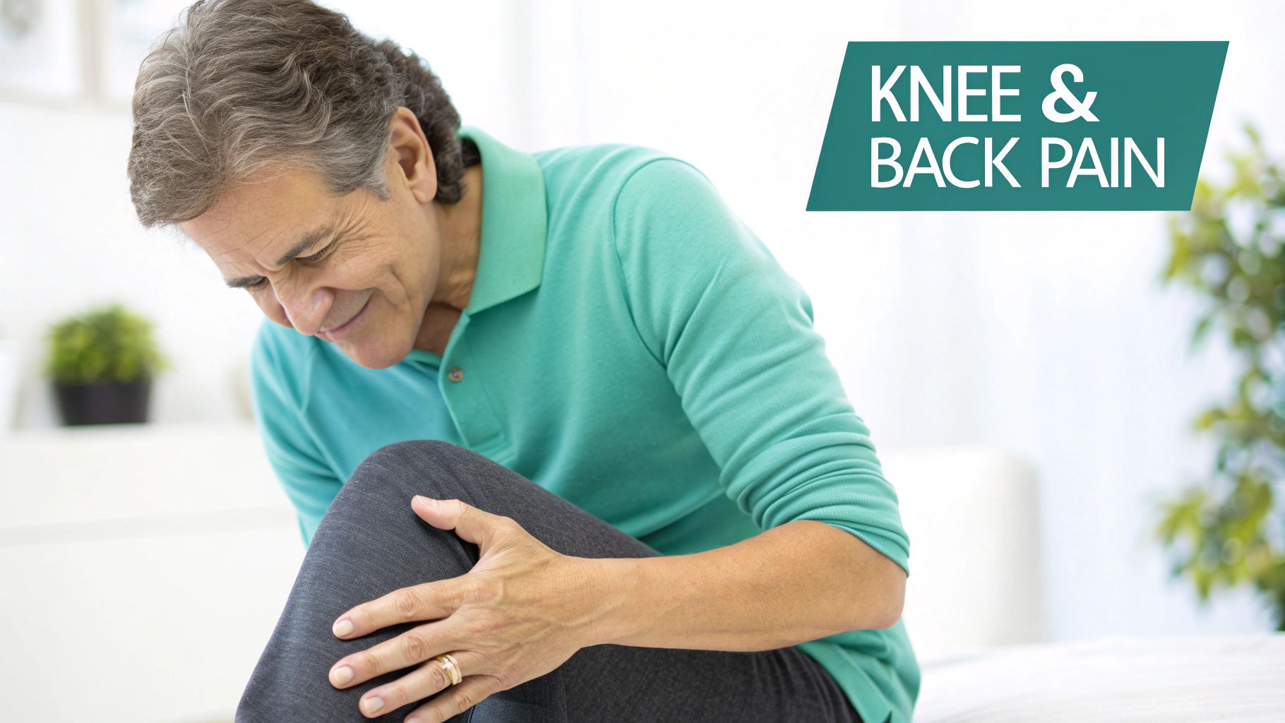A senior man with a pained expression holds his knee, illustrating knee and back pain.