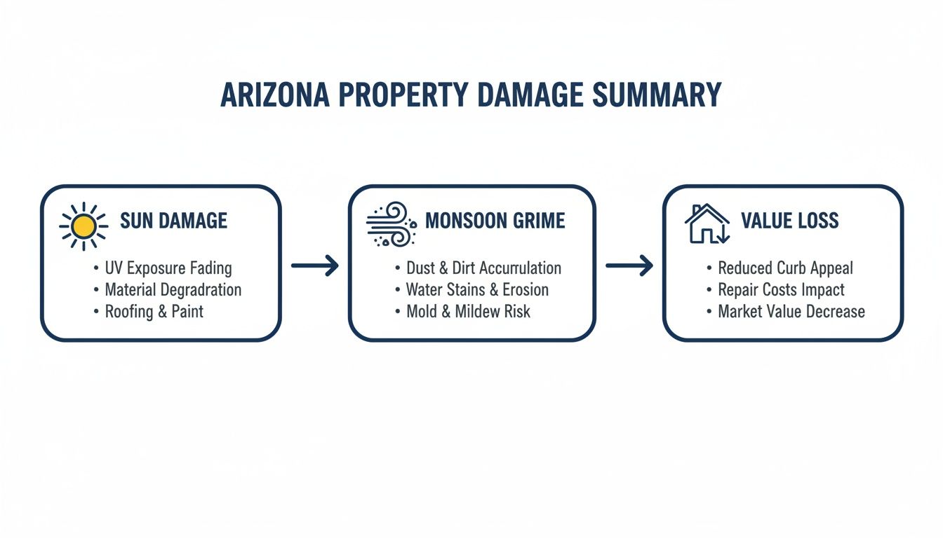 Flowchart summarizing property damage in Arizona, detailing sun damage, monsoon grime, and resulting value loss.