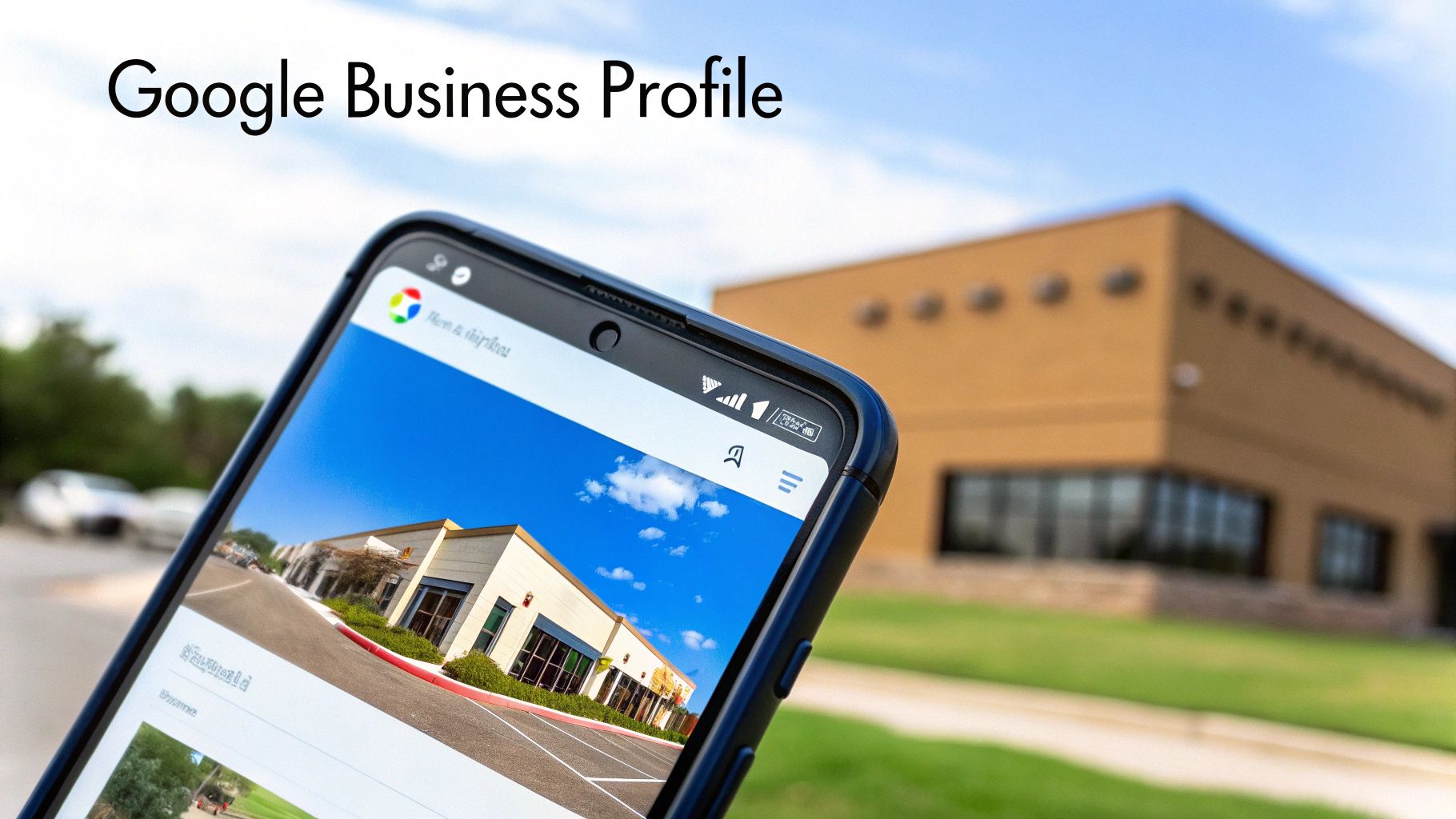 A smartphone displaying a Google Business Profile with business building photos outdoors.