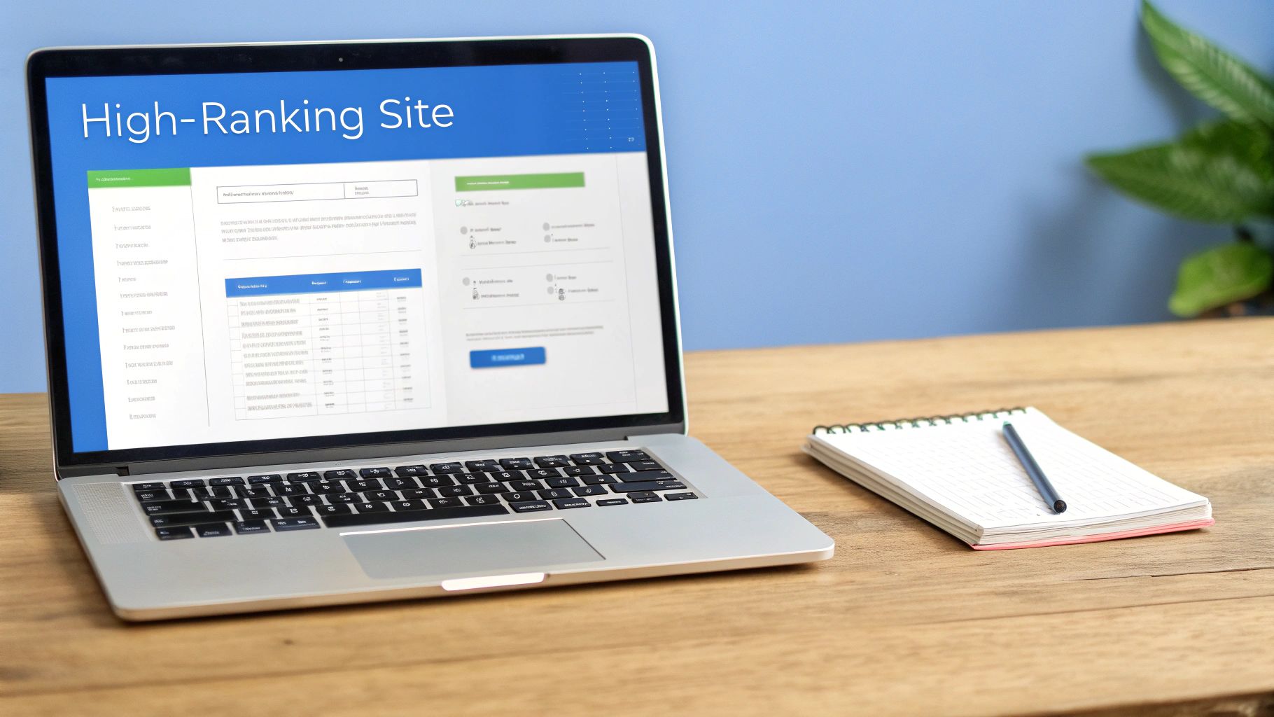 A laptop displaying "High-Ranking Site" on its screen, next to a notebook and pen on a wooden desk.