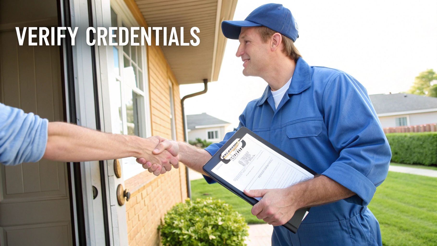 A service technician in a blue uniform shakes hands with a homeowner at a doorstep, holding a clipboard.