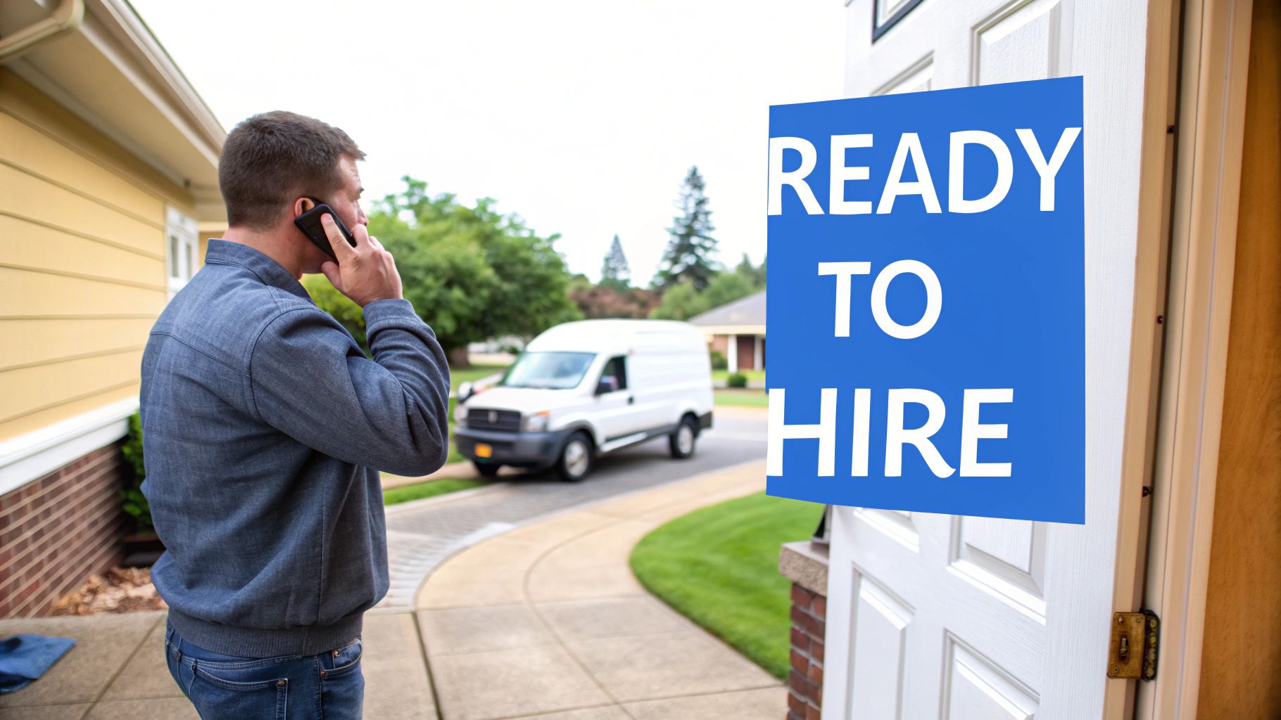 A man on the phone stands outside a house with a 'READY TO HIRE' sign, a white van in the background.