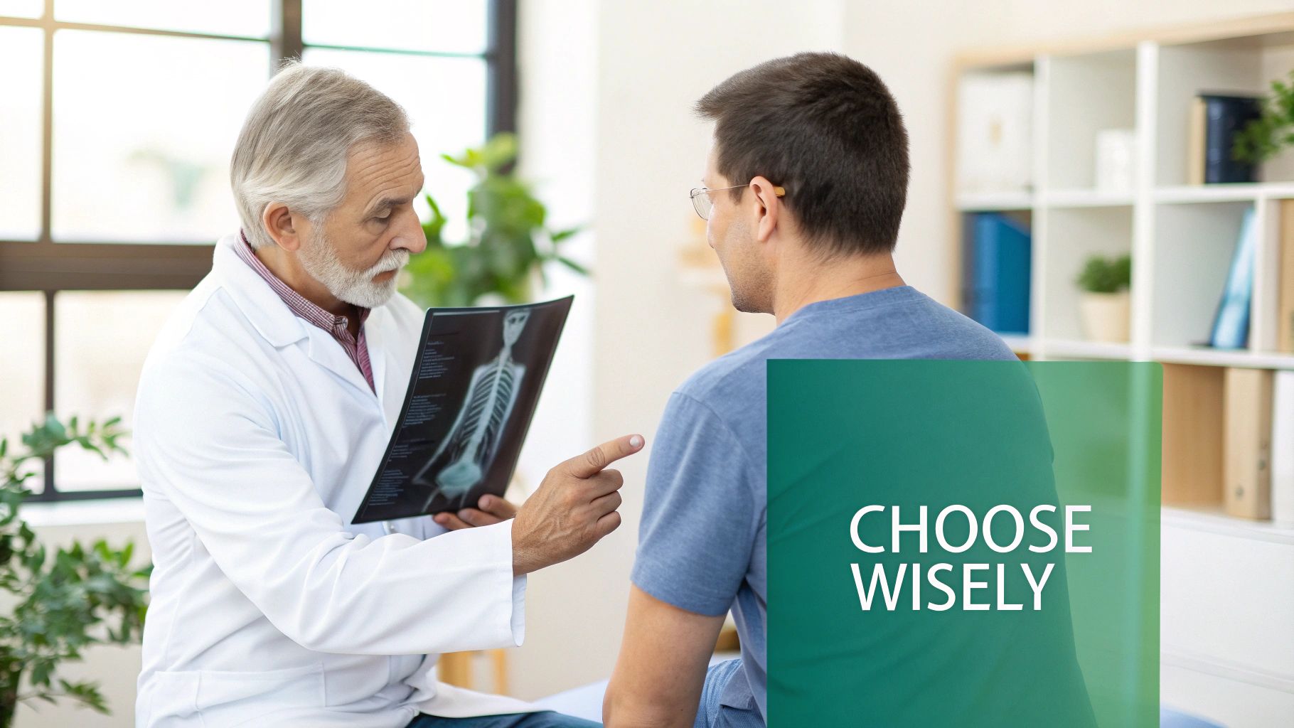 A doctor shows an X-ray film to a patient, discussing medical options in a clinic.