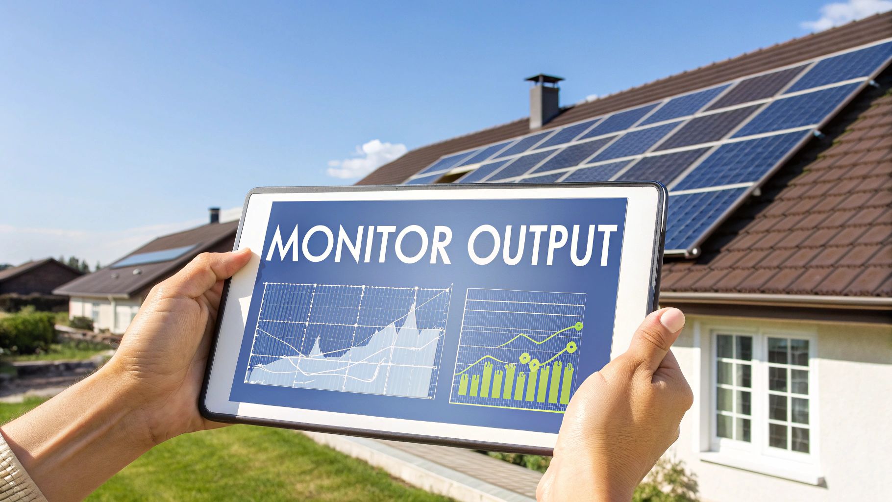 Hands hold a tablet displaying 'MONITOR OUTPUT' and graphs, with solar panels on a house roof in the background.