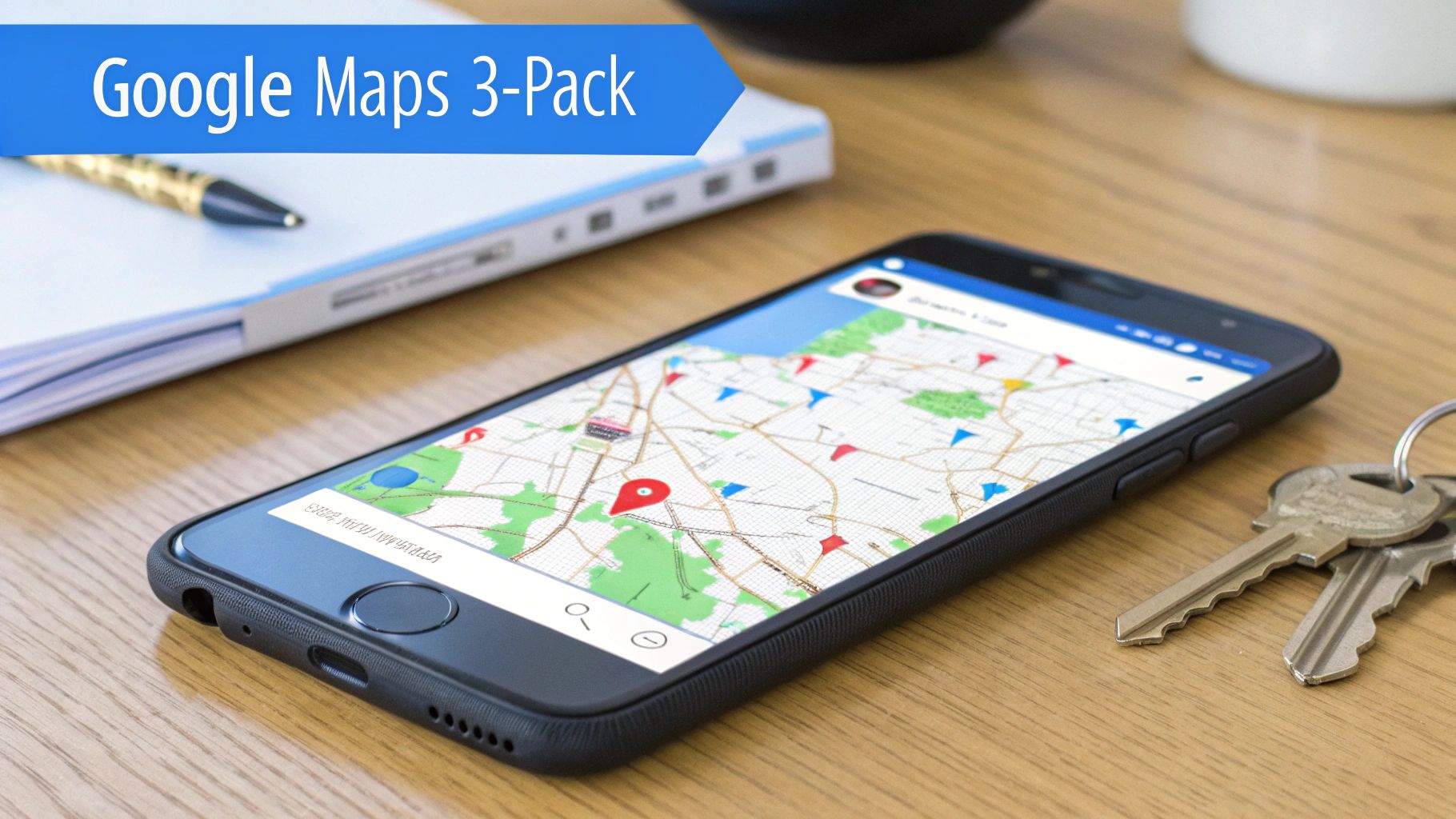 A smartphone displays Google Maps with a red pin on a wooden desk, alongside keys, a pen, and notebook.