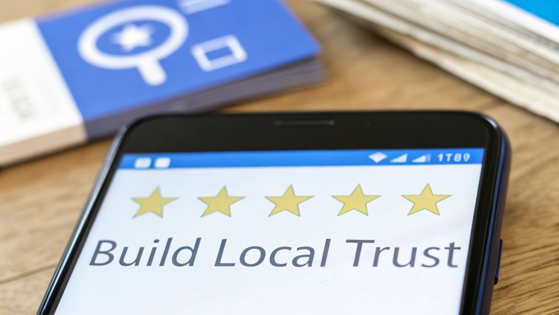 A smartphone screen displaying 'Build Local Trust' with five yellow star ratings, next to blue cards.