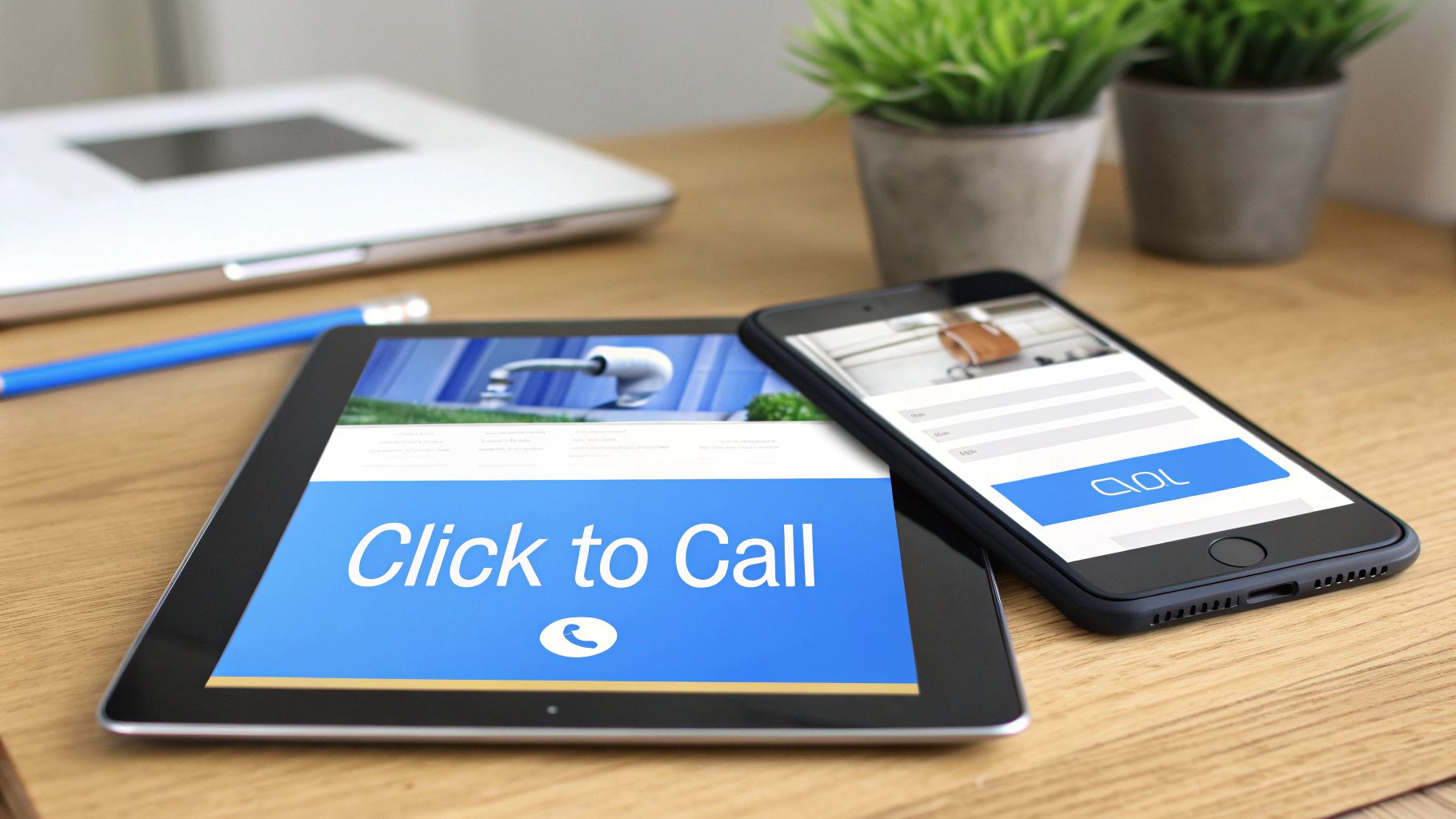Close-up of a tablet with 'Click to Call' button and a smartphone showing an online form on a desk.
