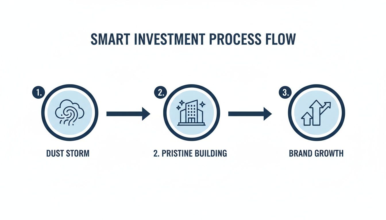 A three-step diagram illustrating a smart investment process from challenges to brand growth.