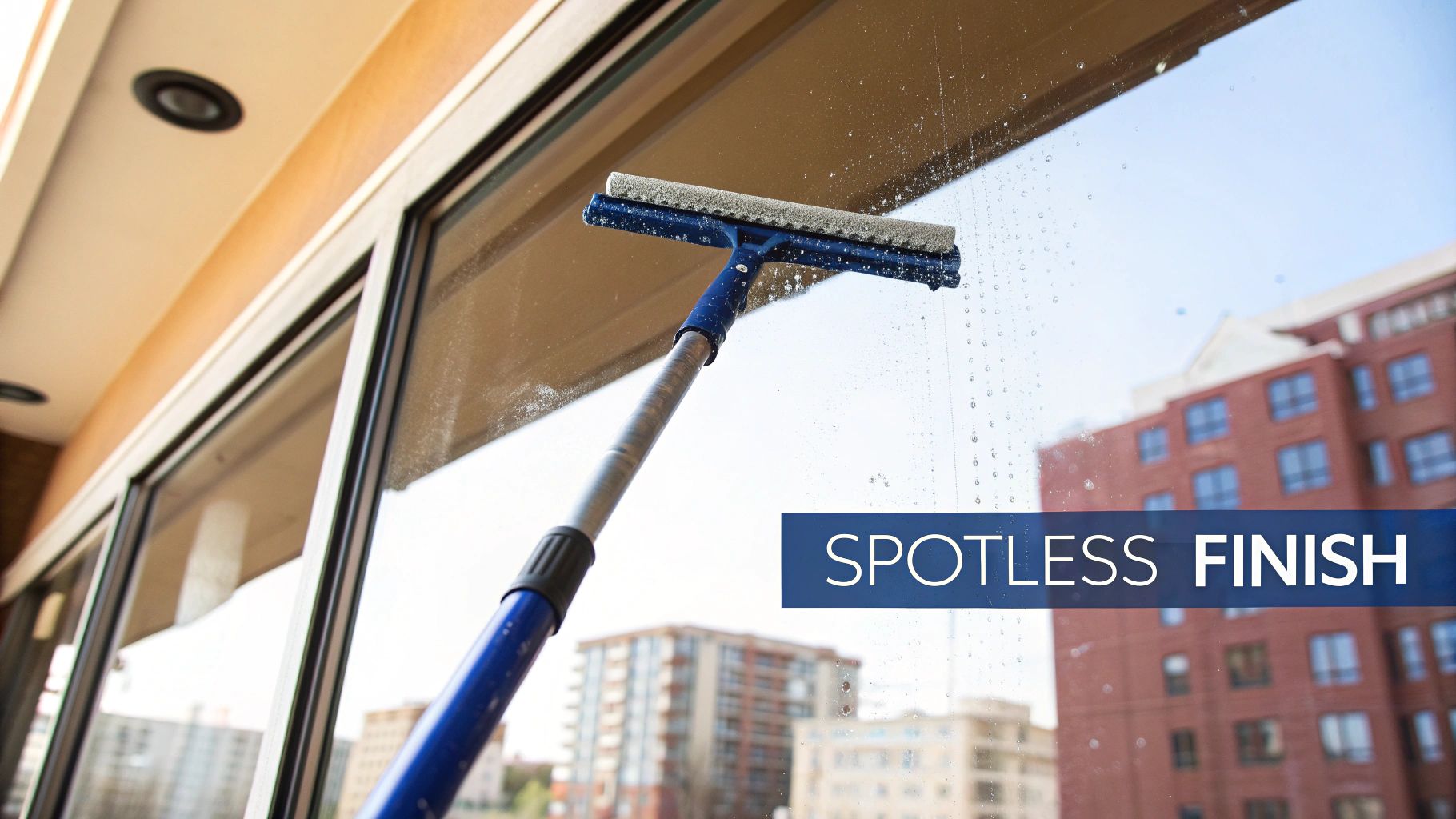 A window cleaner using a long-handled blue squeegee to wash a large glass window, achieving a spotless finish.
