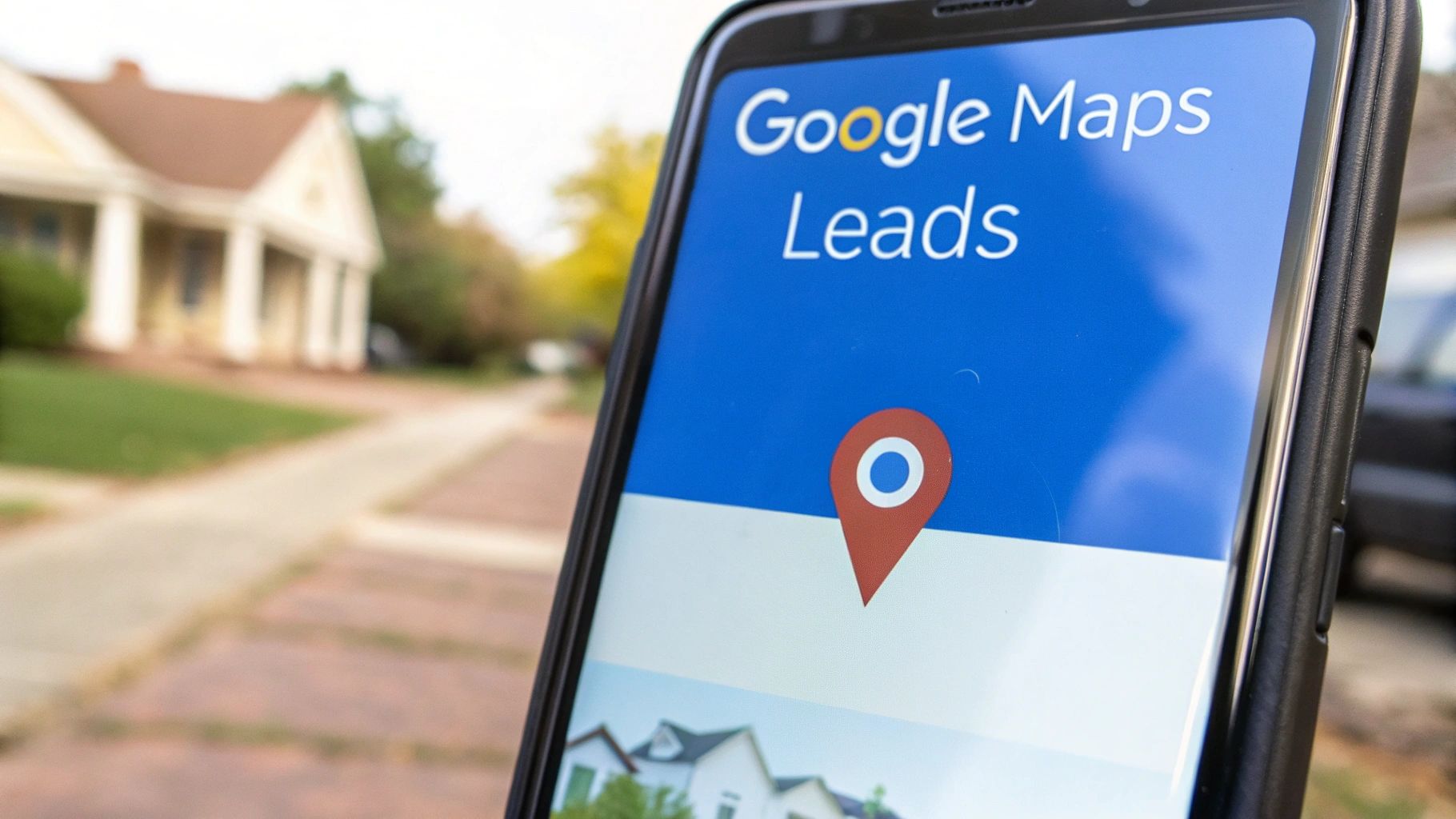 A smartphone screen showing 'Google Maps Leads' and a location pin icon, with a blurred house in the background.