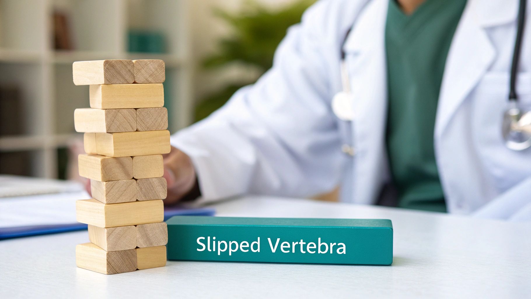 A doctor sits at a desk next to stacked wooden blocks and a 'Slipped Vertebra' sign, illustrating spinal conditions.