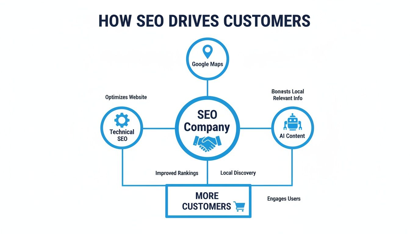 Diagram showing how an SEO company drives customers using technical SEO, Google Maps, and AI content.
