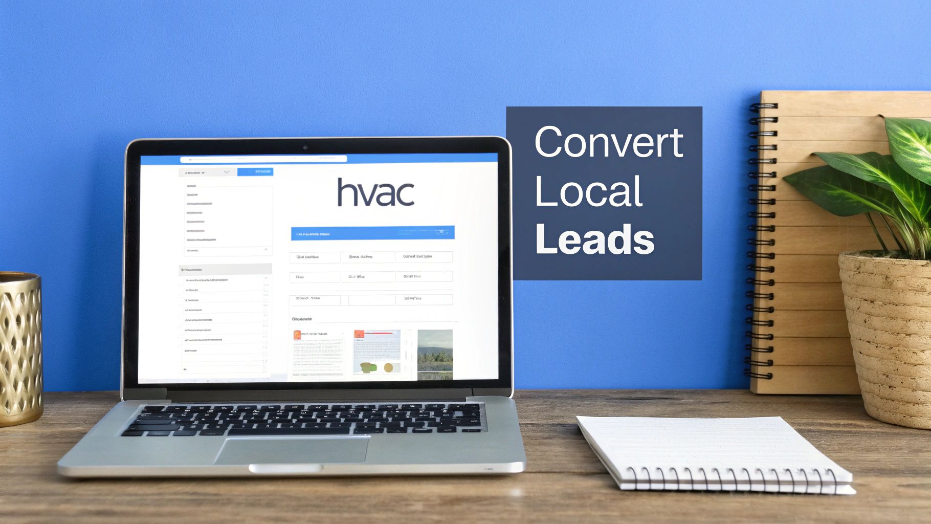 Laptop displaying hvac software and 'Convert Local Leads' text overlay, on a desk with a plant.