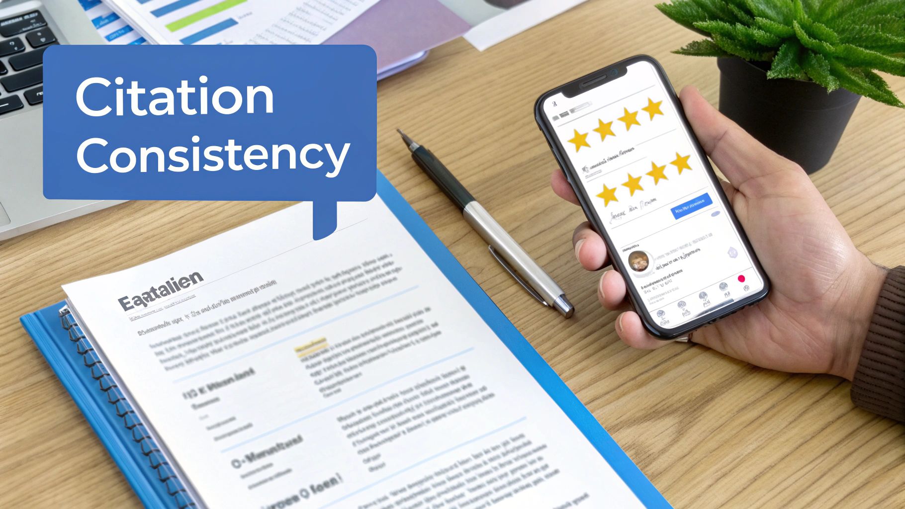 A smartphone displaying customer reviews and a document stating 'Citation Consistency' on a desk, highlighting online reputation.