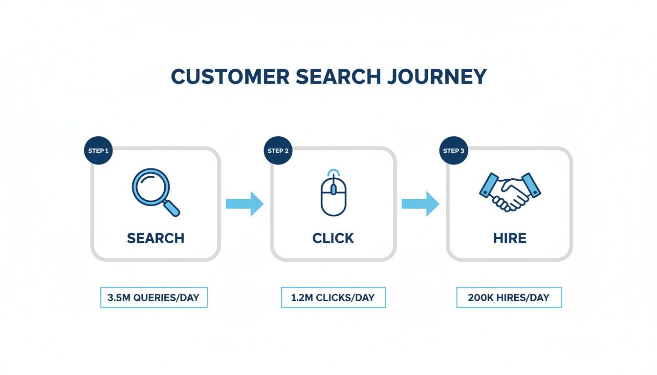 Diagram showing the customer search journey: 3.5M queries lead to 1.2M clicks and 200K hires daily.