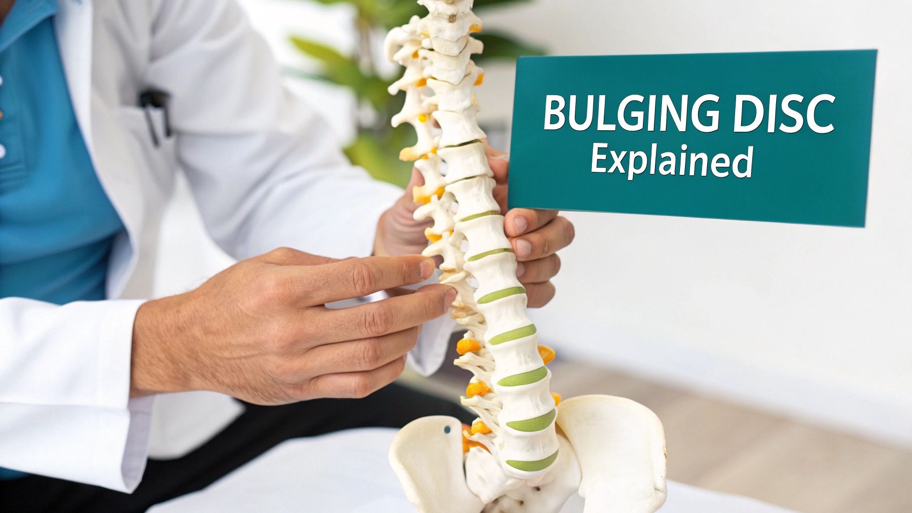 A doctor uses a human spine model and a sign to explain a bulging disc visually.