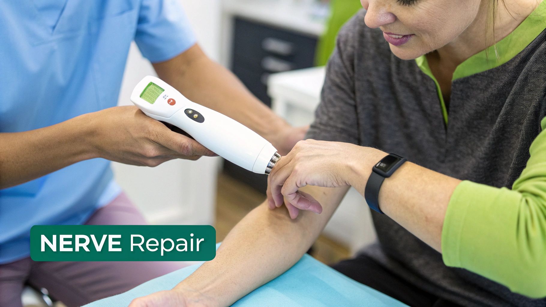 A healthcare professional uses a handheld device on a patient's arm for nerve repair therapy.