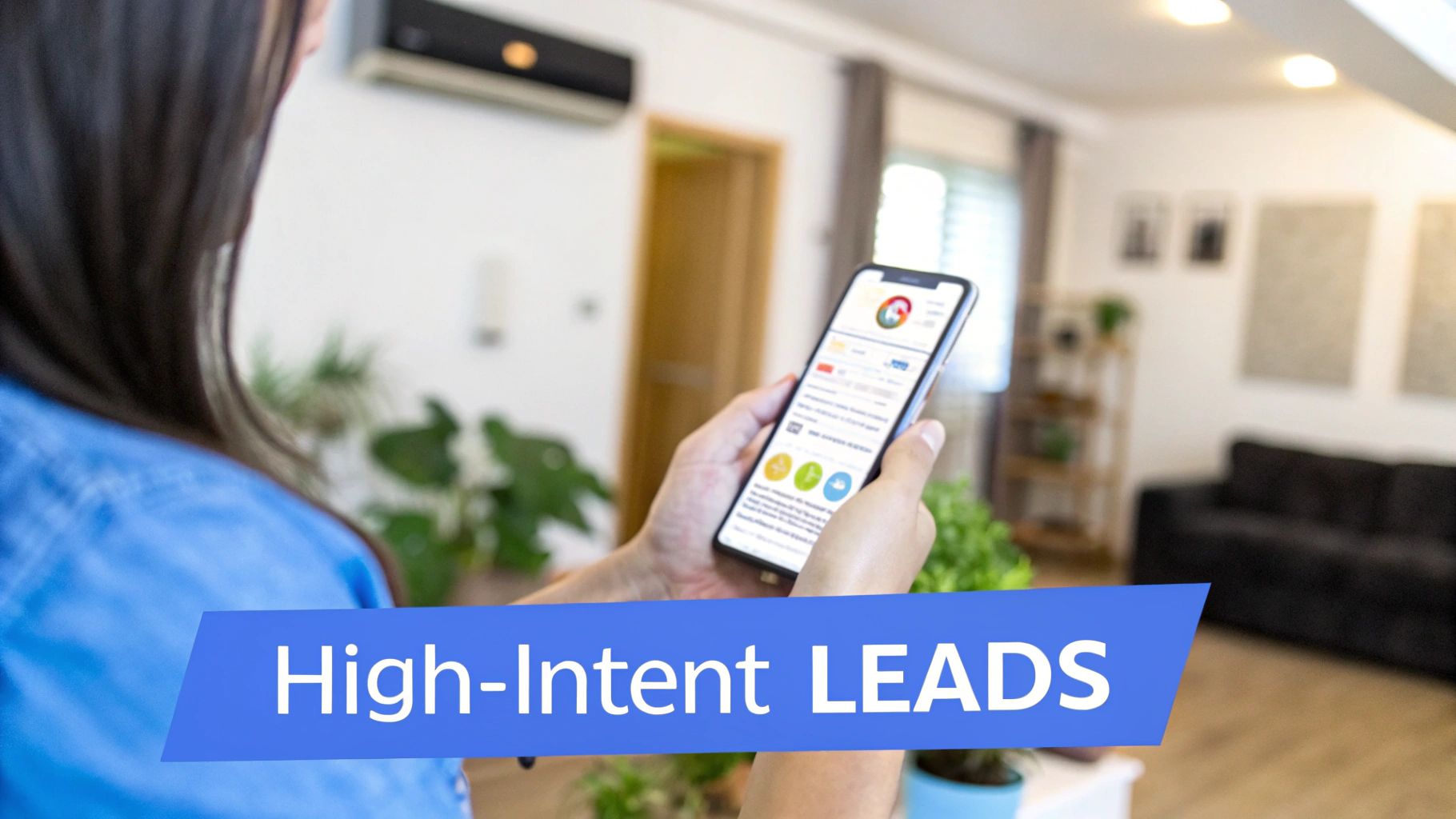 A person holds a smartphone displaying analytics and charts, with a 'High-Intent LEADS' banner.