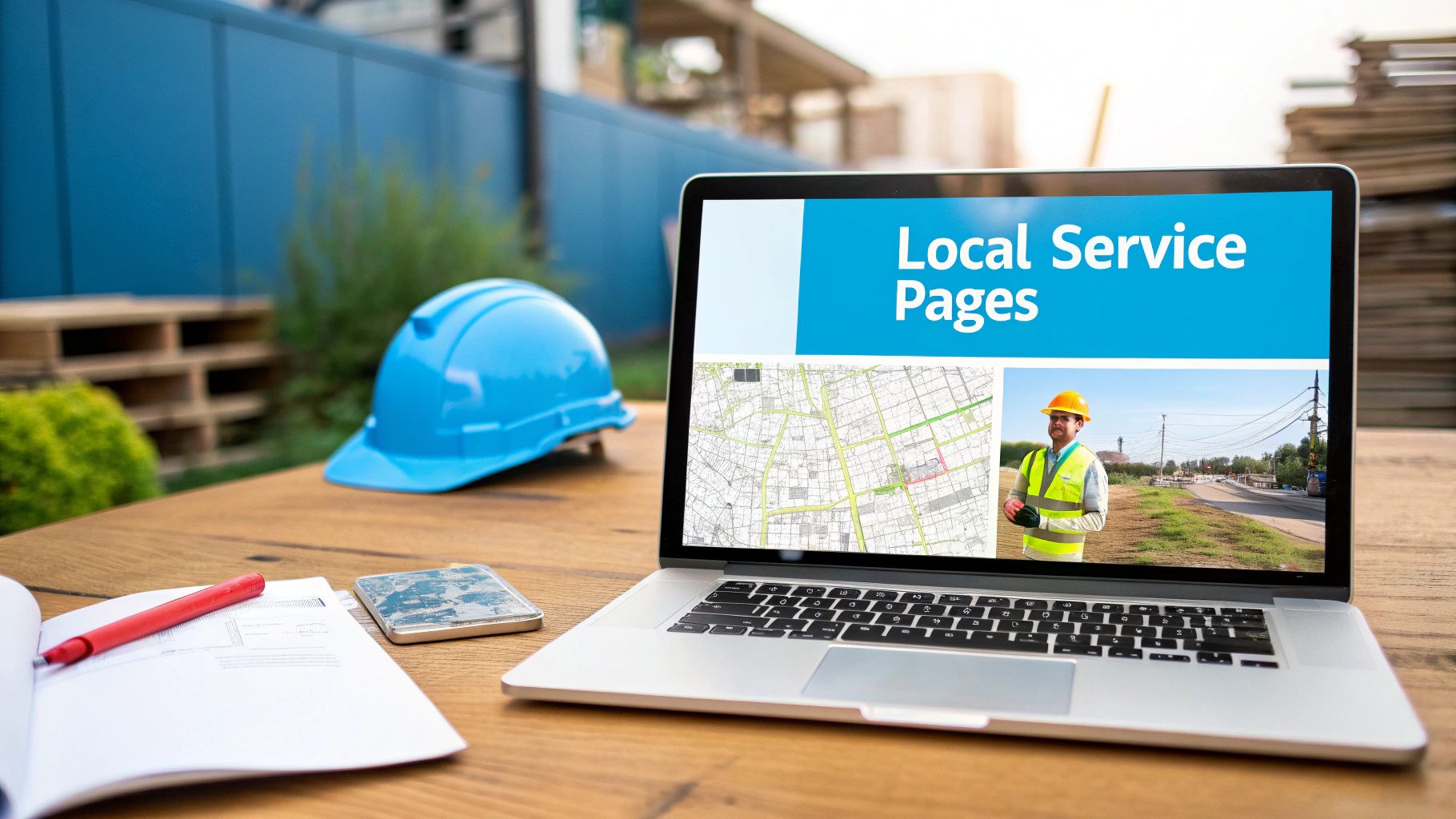 A laptop displays "Local Service Pages" with a map and a construction worker, next to a blue hard hat on a wooden desk.
