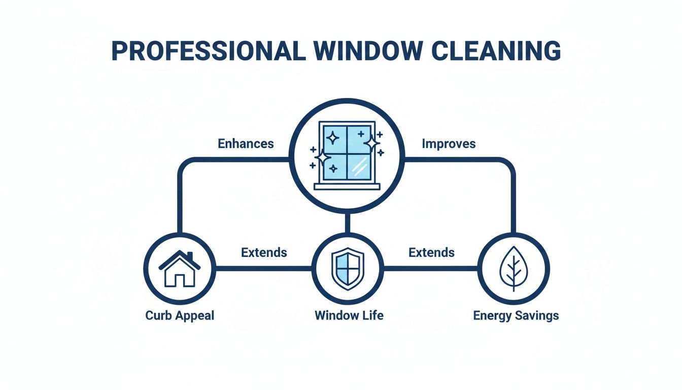 Infographic showing professional window cleaning enhances curb appeal, extends window life, and improves energy savings.