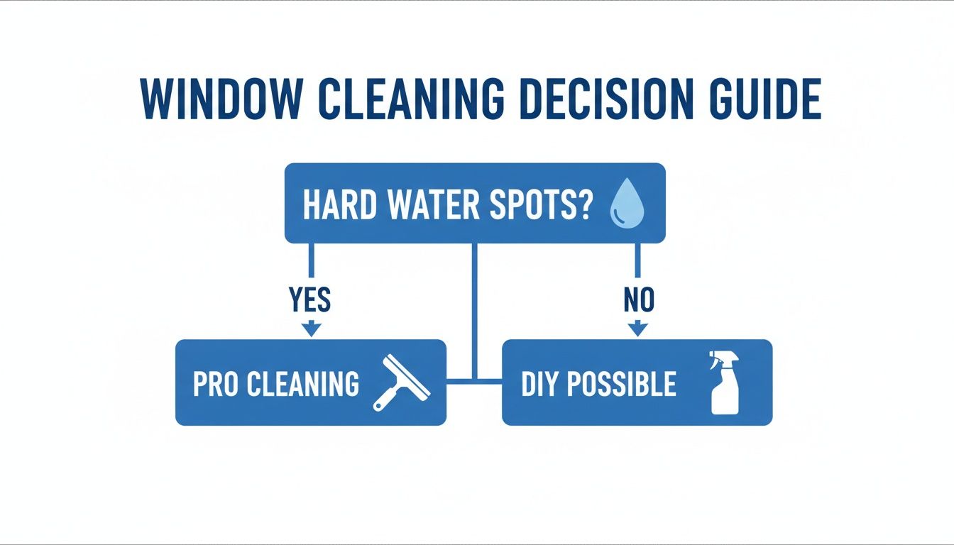 A window cleaning decision guide flowchart about hard water spots leading to pro or DIY cleaning.