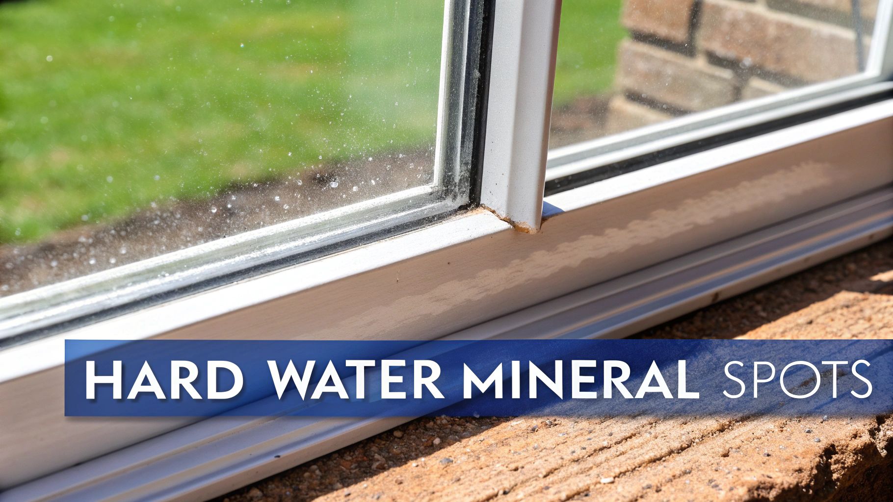 Close-up of a window pane and frame displaying prominent hard water mineral spots and residue.