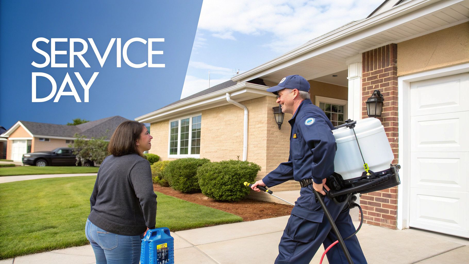 A service technician with a sprayer backpack talks to a homeowner on 'Service Day' in front of a house.