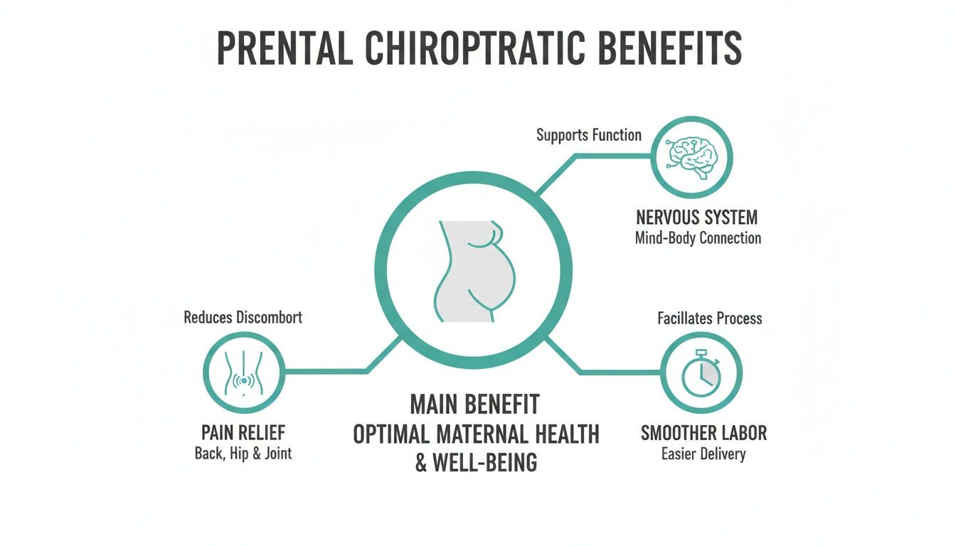 Infographic detailing prenatal chiropractic benefits, showcasing pain relief, improved nervous system function, and smoother labor for optimal maternal health.