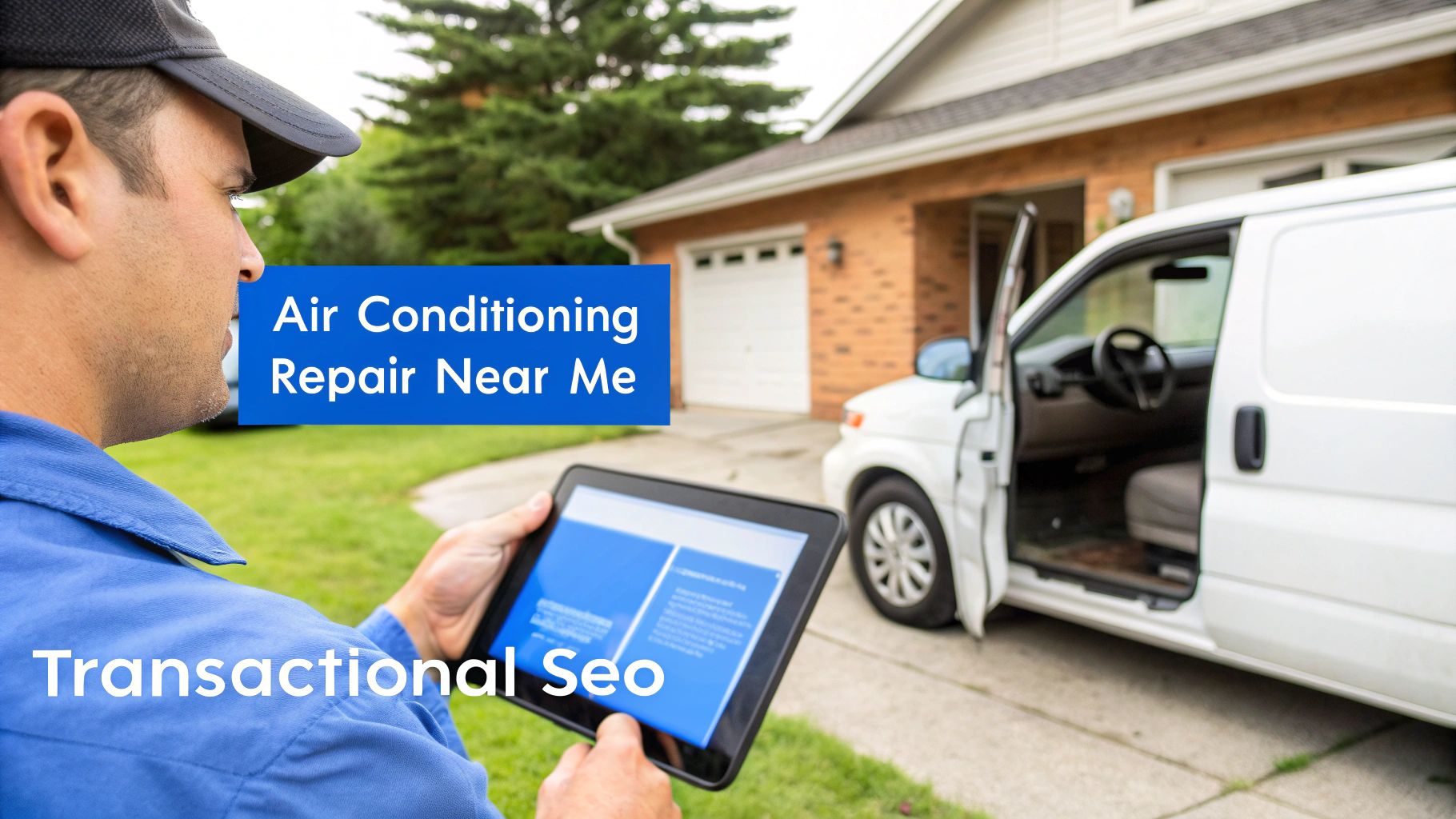 Service technician using a tablet with 'Air Conditioning Repair Near Me' and 'Transactional Seo' text, beside a service van at a house.