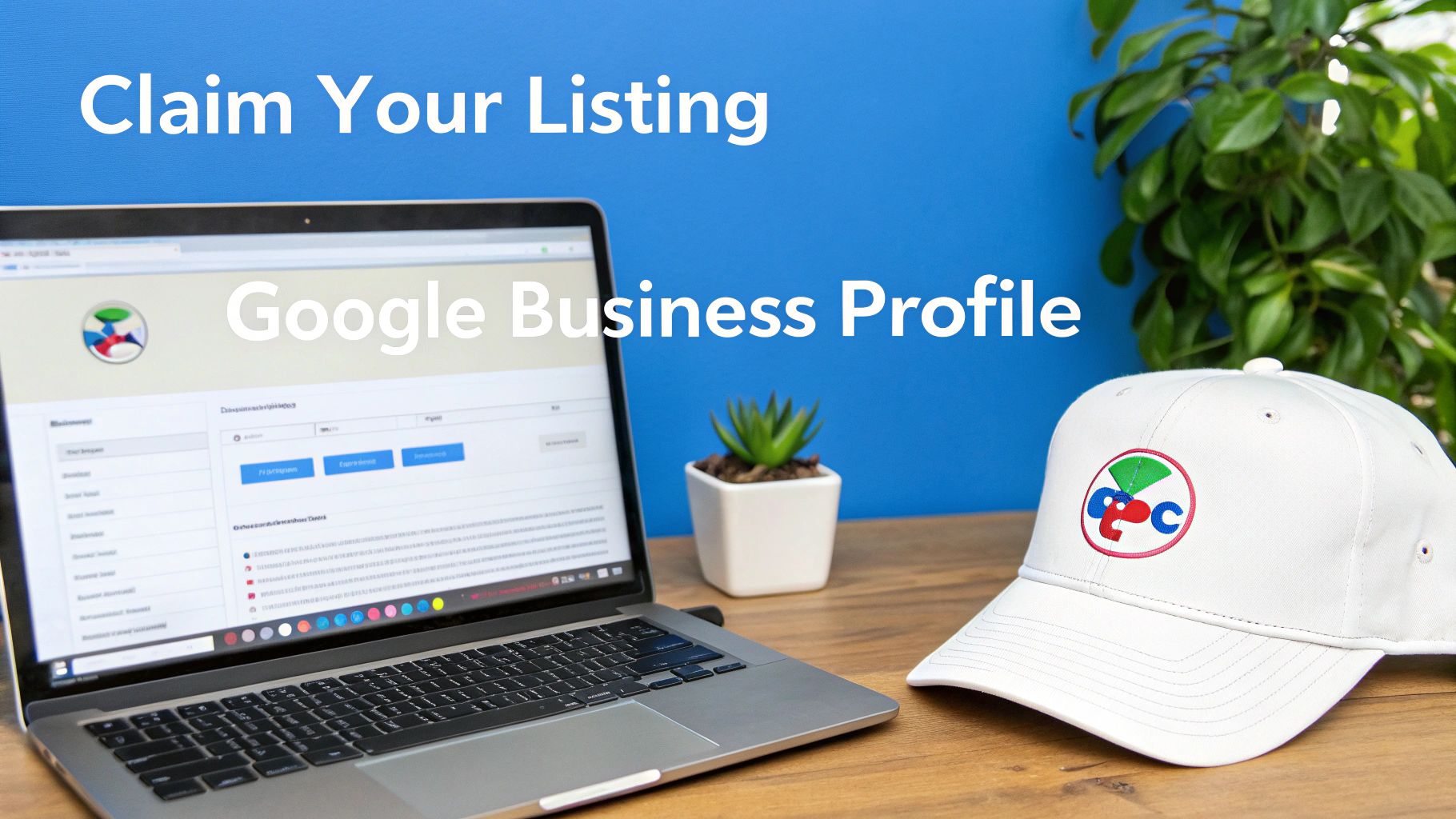 A laptop screen displays Google Business 'Claim Your Listing' text, alongside a branded cap and succulent.