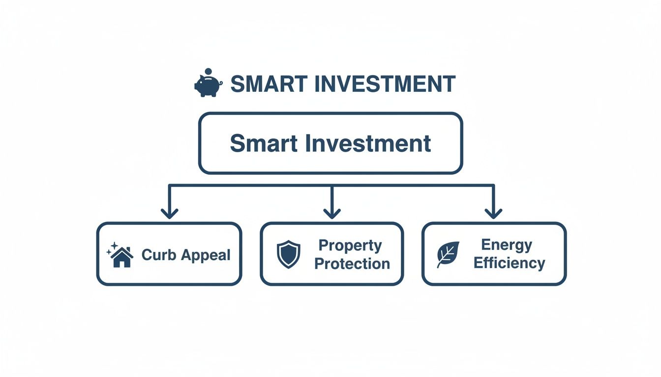 Flowchart showing smart investment strategies for property, including curb appeal, protection, and energy efficiency.