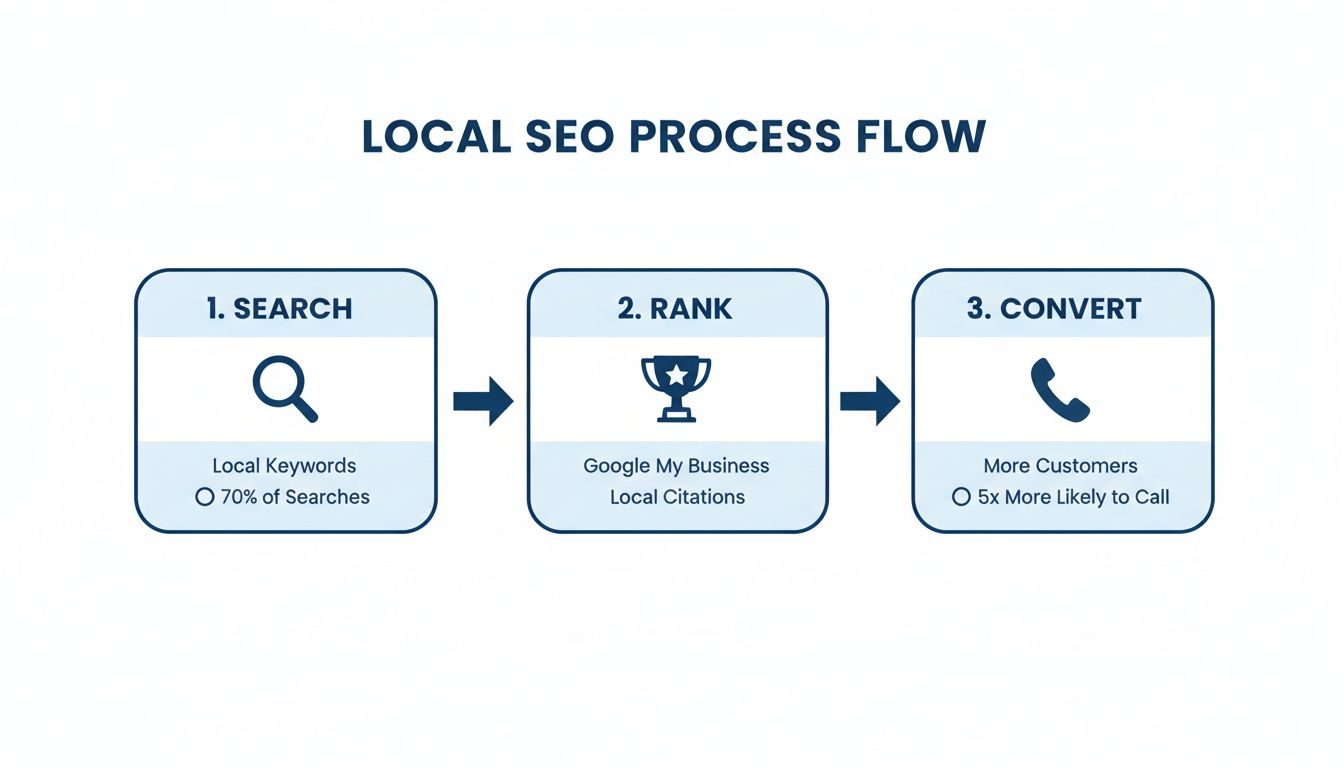 Flowchart illustrating the local SEO process from search to rank to conversion for businesses.