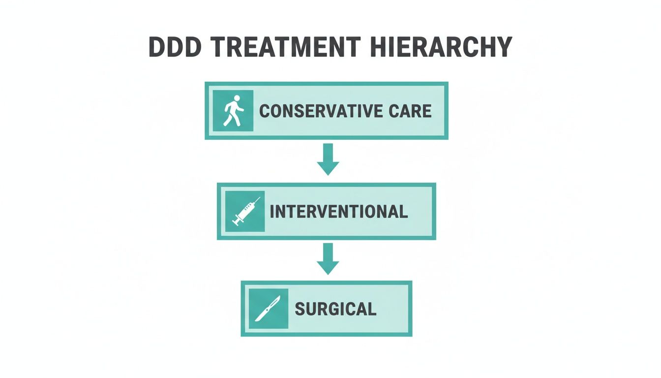 A hierarchical infographic illustrating DDD treatment: Conservative Care, followed by Interventional, then Surgical options.
